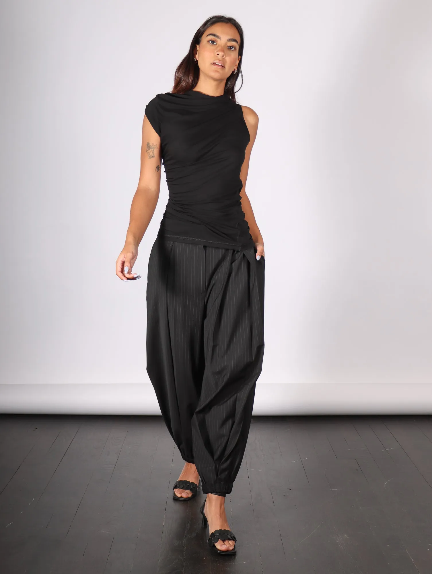 Dominic Pleated Balloon Pant in Black Pinstripe by Tibi