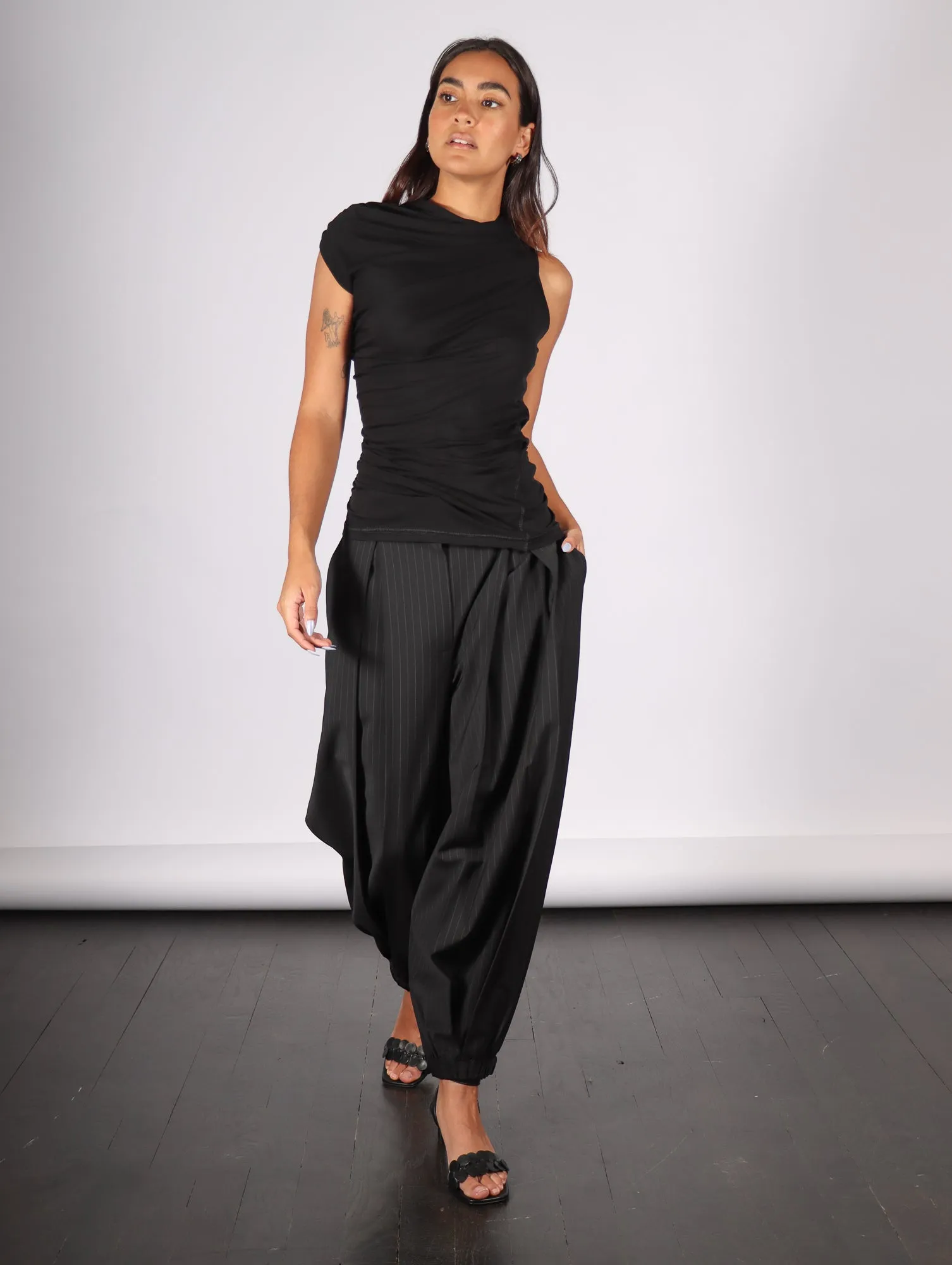 Dominic Pleated Balloon Pant in Black Pinstripe by Tibi