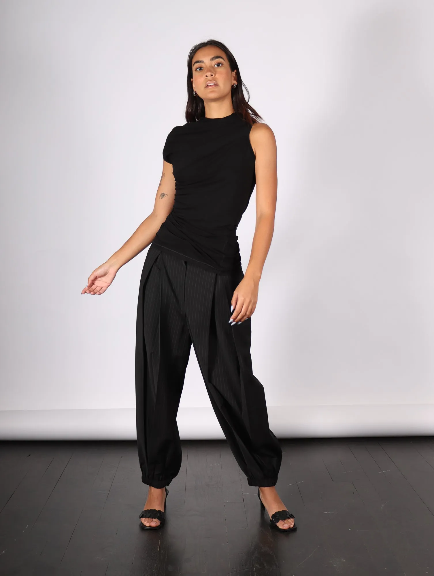 Dominic Pleated Balloon Pant in Black Pinstripe by Tibi