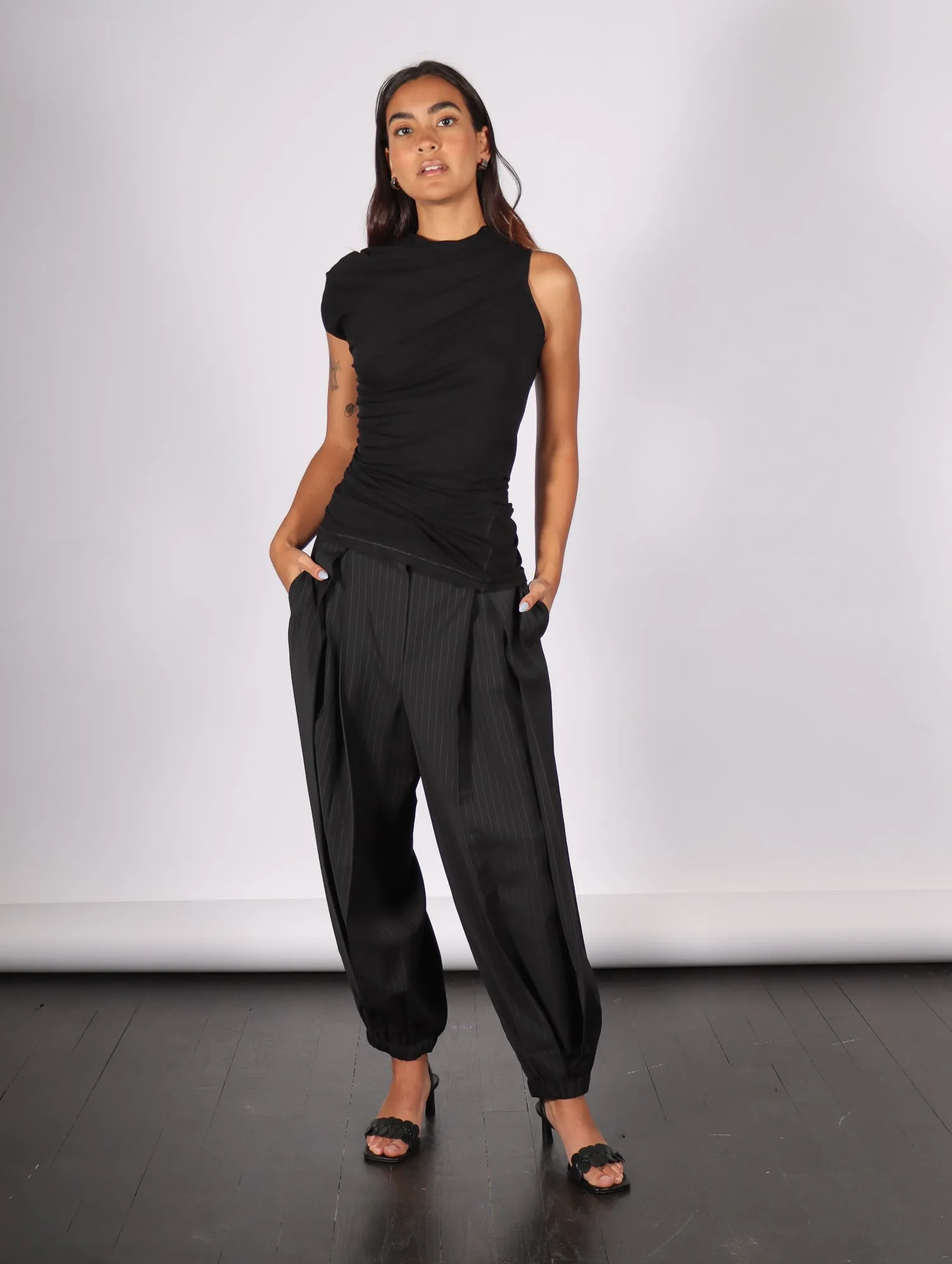 Dominic Pleated Balloon Pant in Black Pinstripe by Tibi