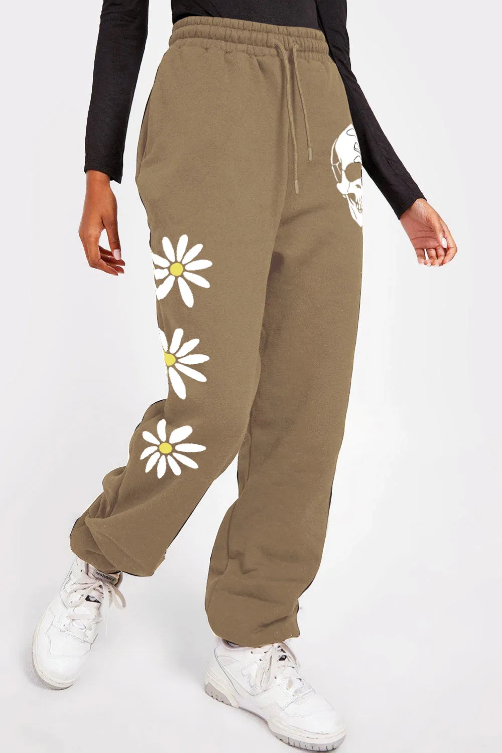 Drawstring Flower & Skull Graphic Long Sweatpants