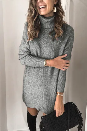 Dunnmall Fashion Solid Color Turtleneck Sweater Dress