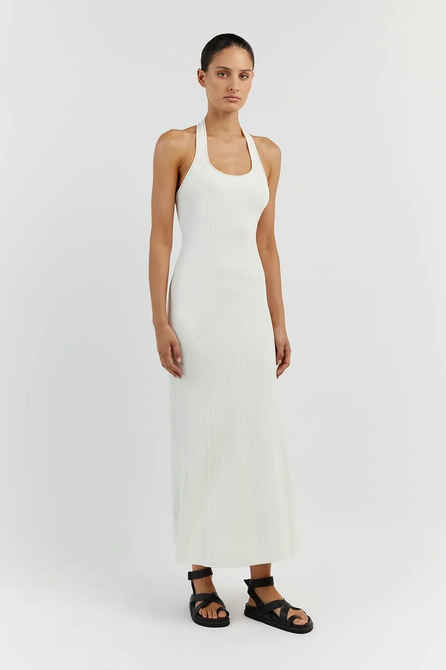 EDDISON OFF WHITE KNIT MIDI DRESS