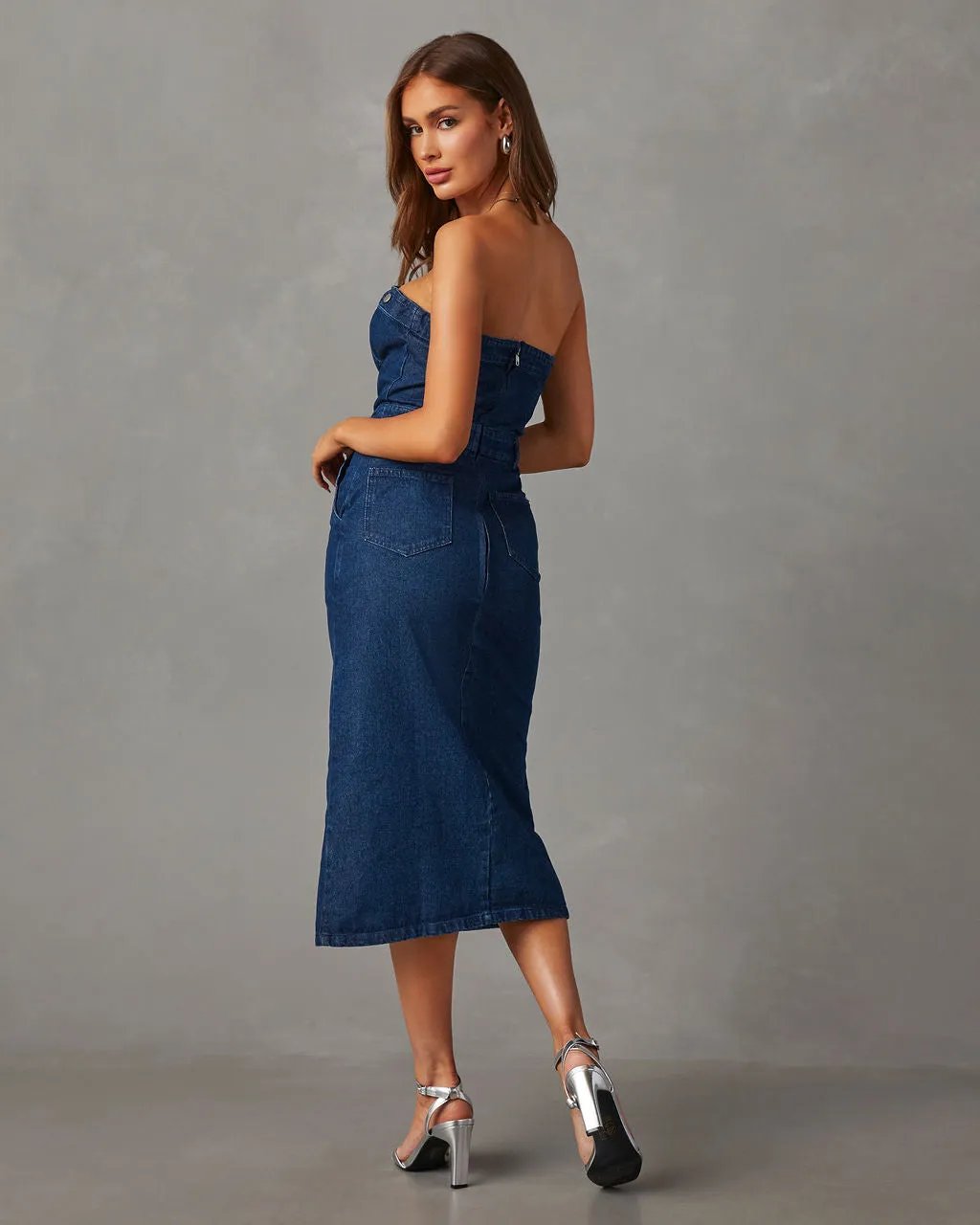 Edgy Era Denim Strapless Midi Dress