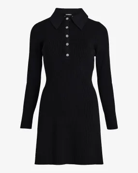 Embellished Button Long Sleeve Mini Sweater Dress in Pitch Black