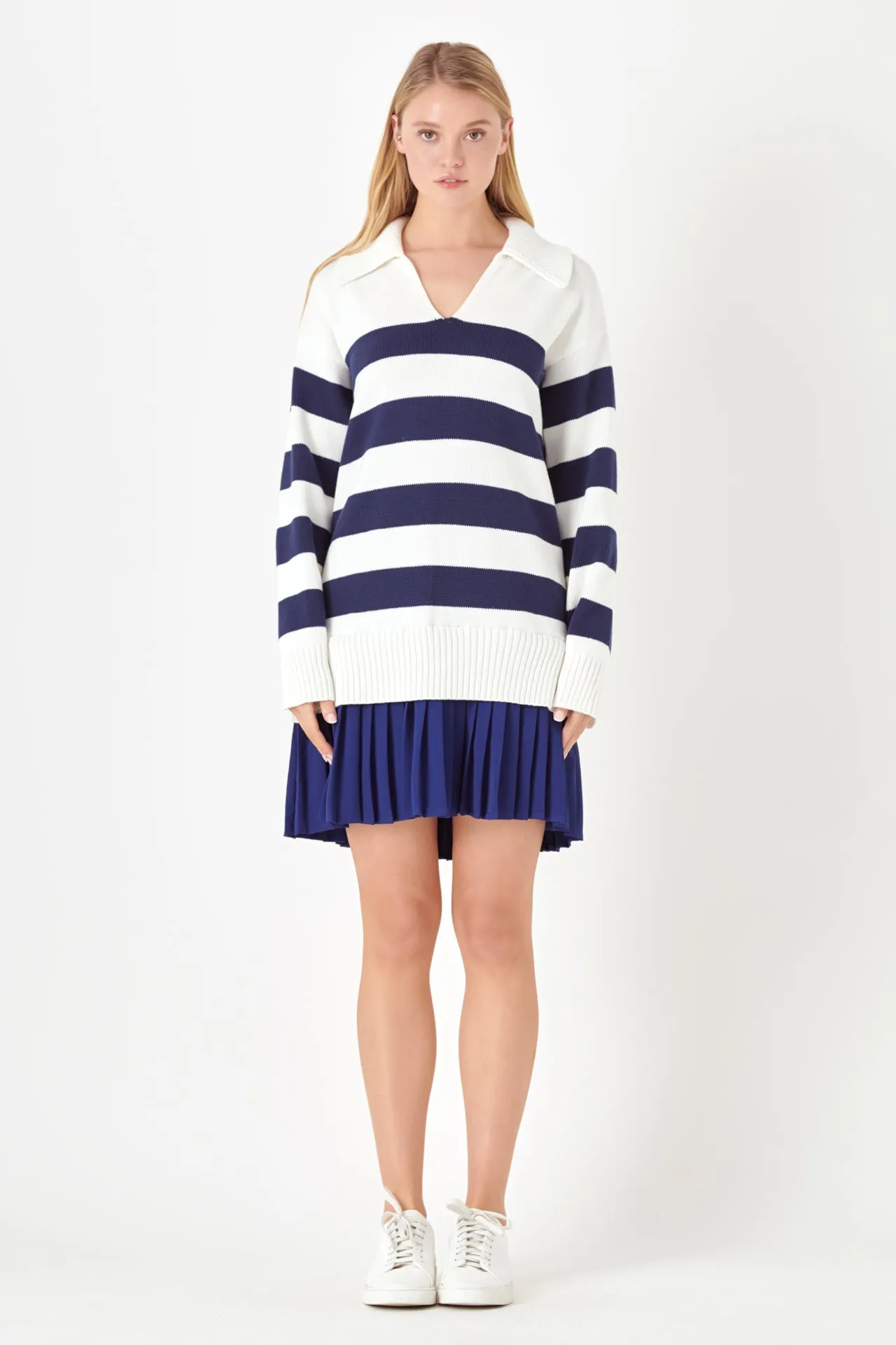 English Factory - Mixed Media Stripe Pleated Mini Dress