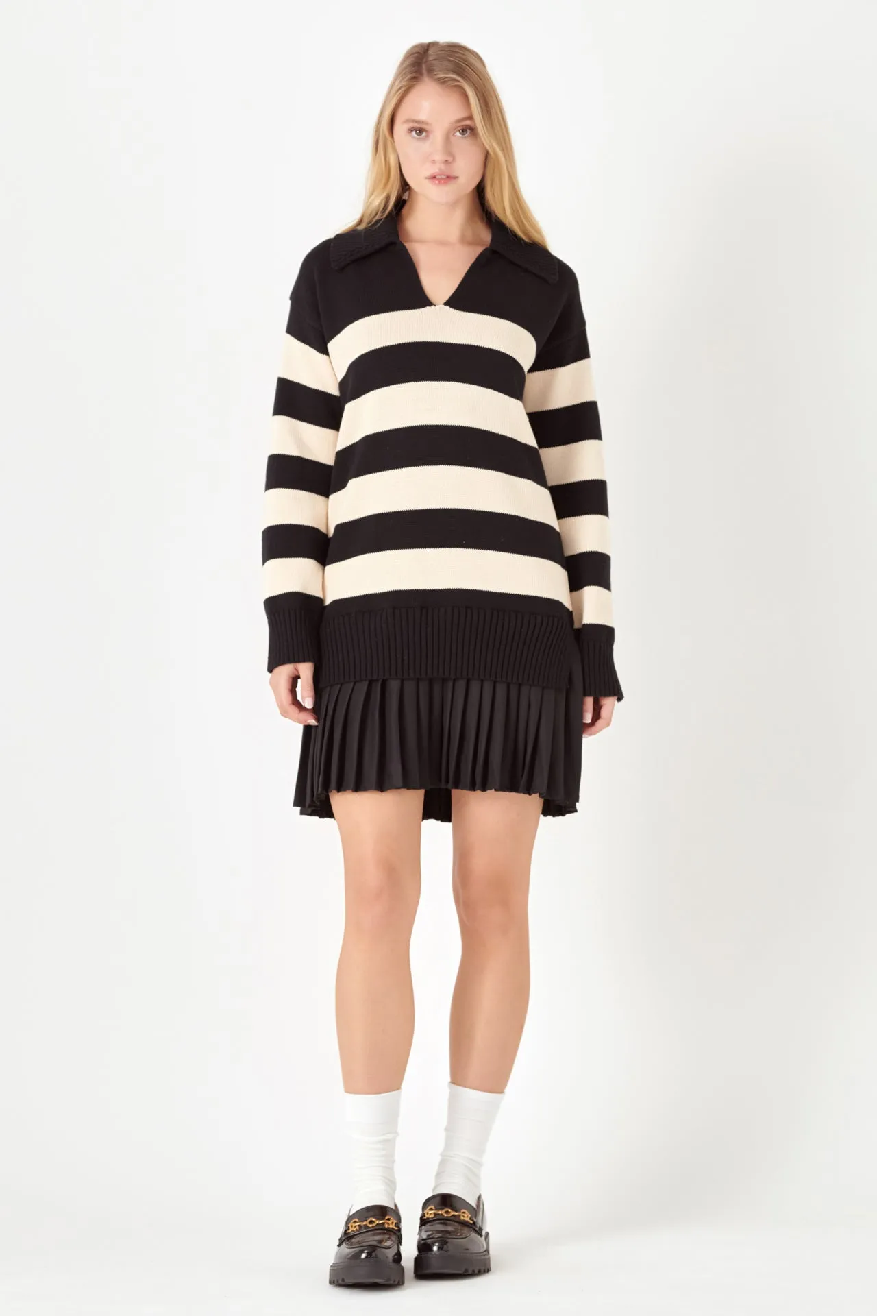 English Factory - Mixed Media Stripe Pleated Mini Dress