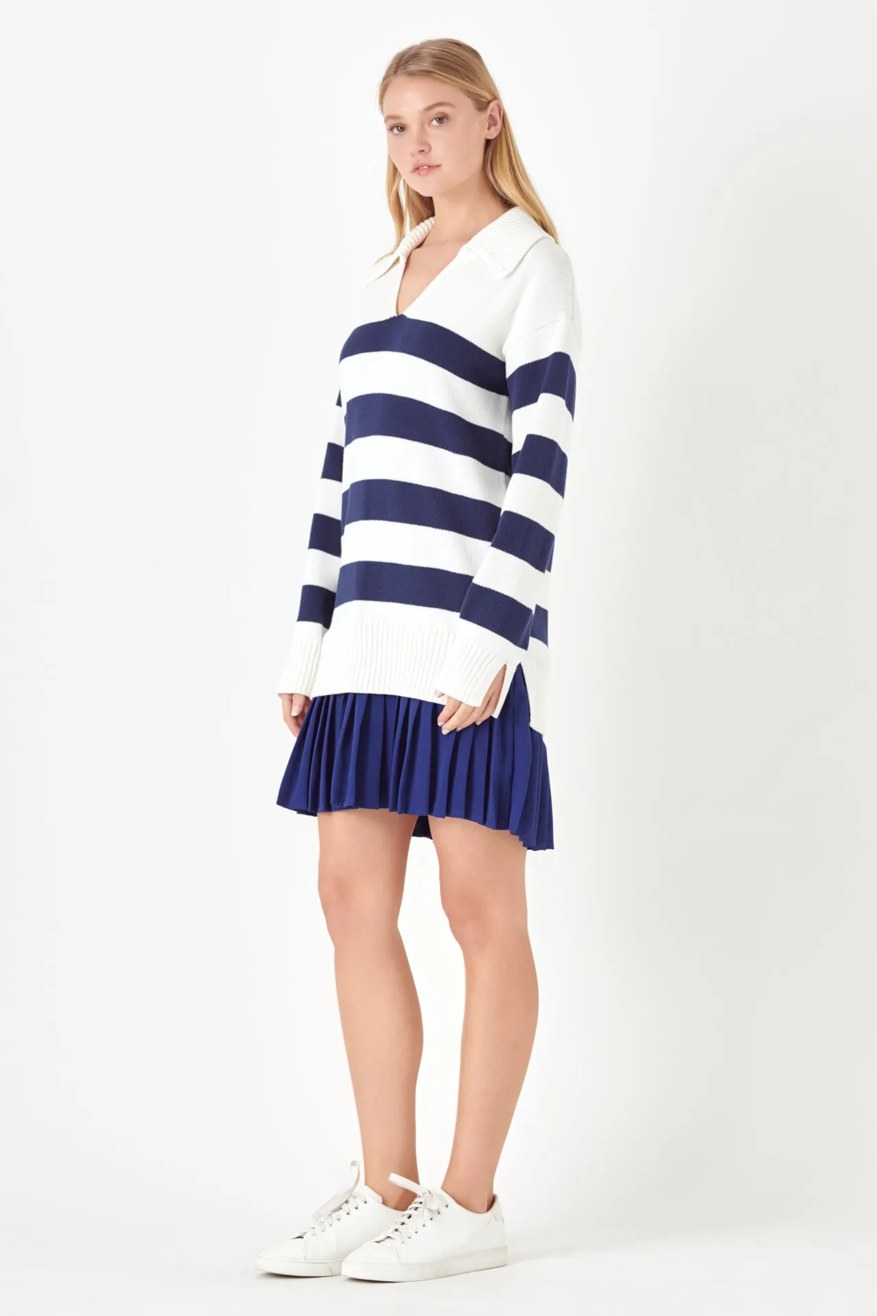 English Factory - Mixed Media Stripe Pleated Mini Dress