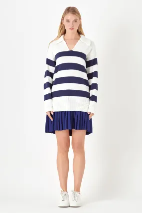 English Factory - Mixed Media Stripe Pleated Mini Dress