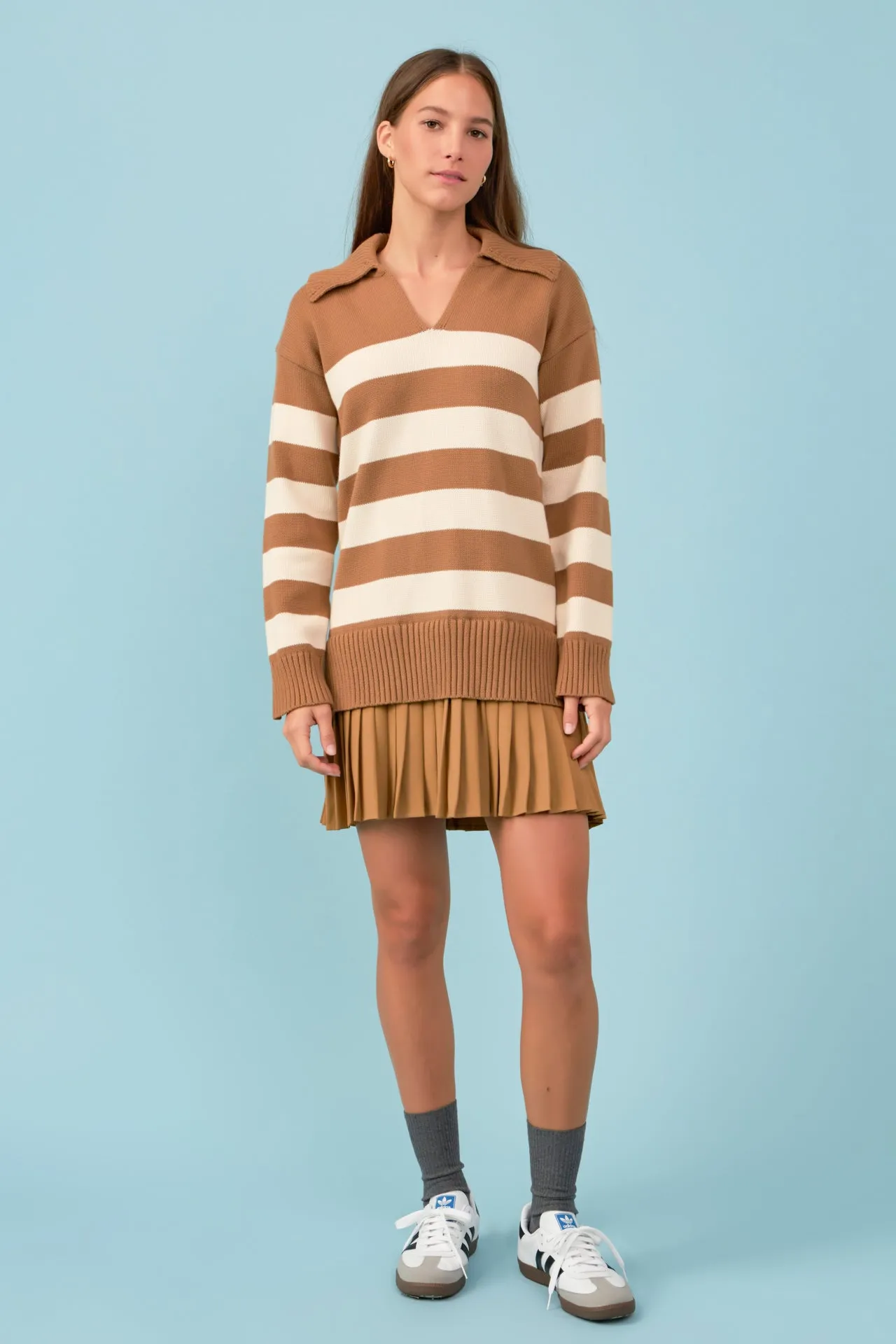 English Factory - Mixed Media Stripe Pleated Mini Dress