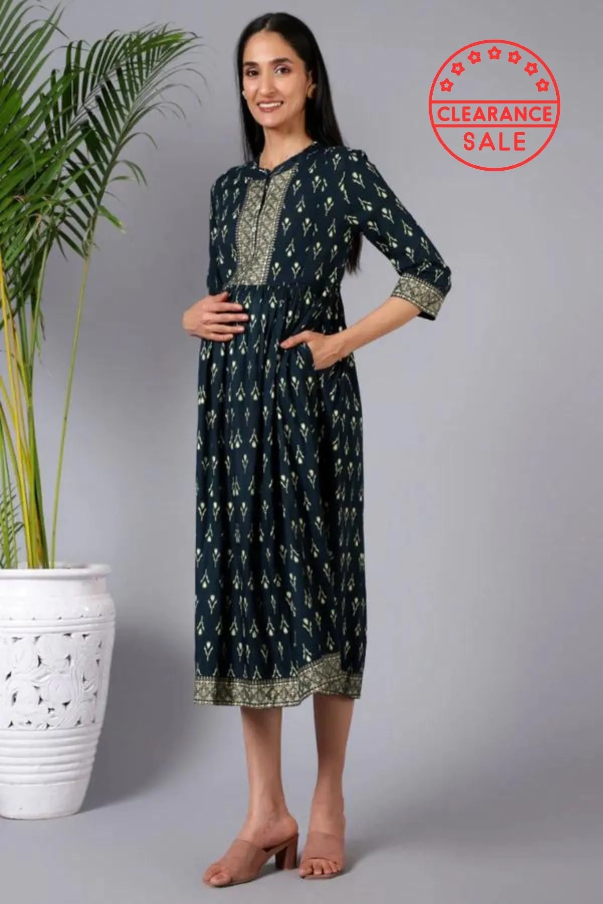 Evergreen Elegance Maternity Dress with Pocket