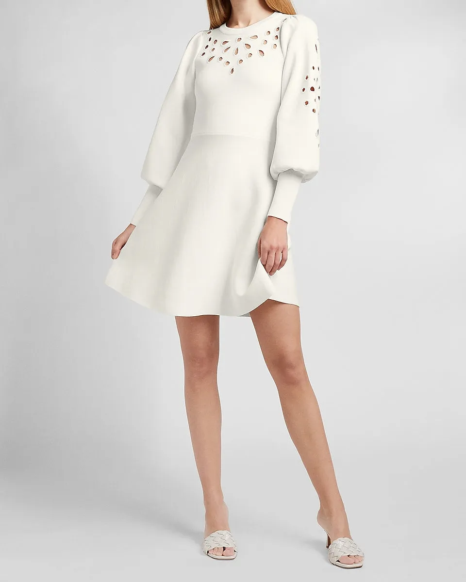 Eyelet Lace Fit And Flare Sweater Dress in Swan