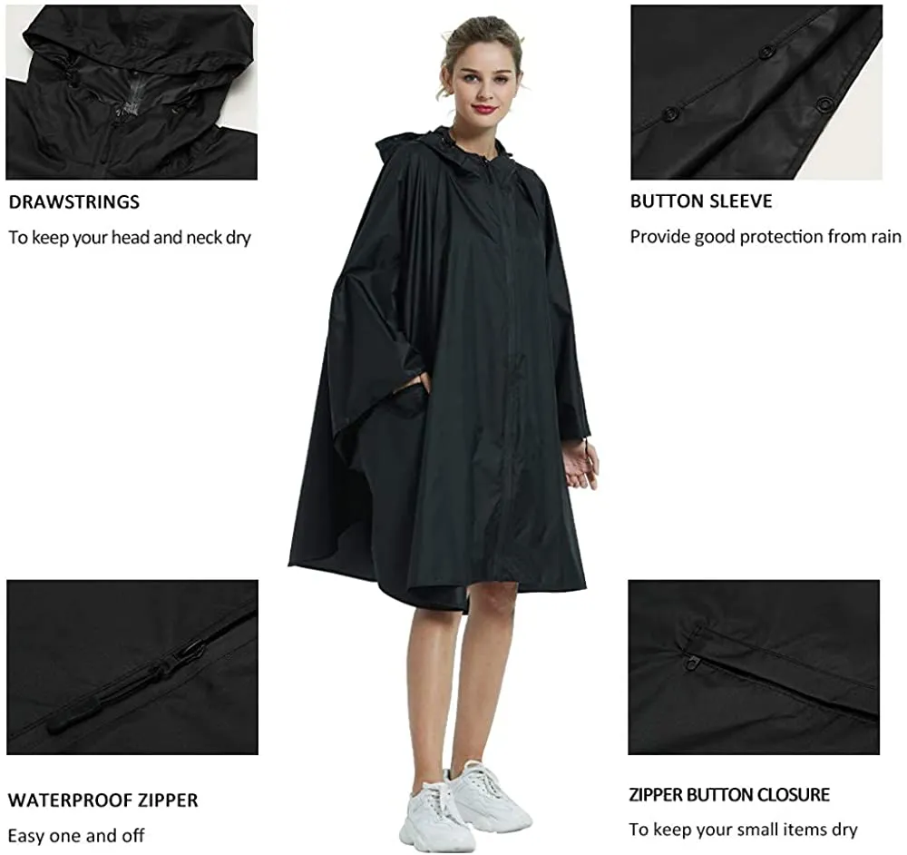 Fashion Hooded Rain Poncho with Pocket Waterproof Raincoat Jacket Zipper Style for Men/Women adults