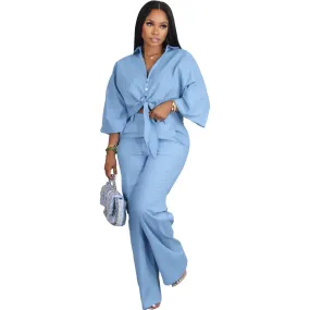 Fashion Women's Set Wrist Sleeve Button Shirt and Wide Leg Pants 2023 Autumn Chic Two 2 Piece Sets Outfits Tracksuit