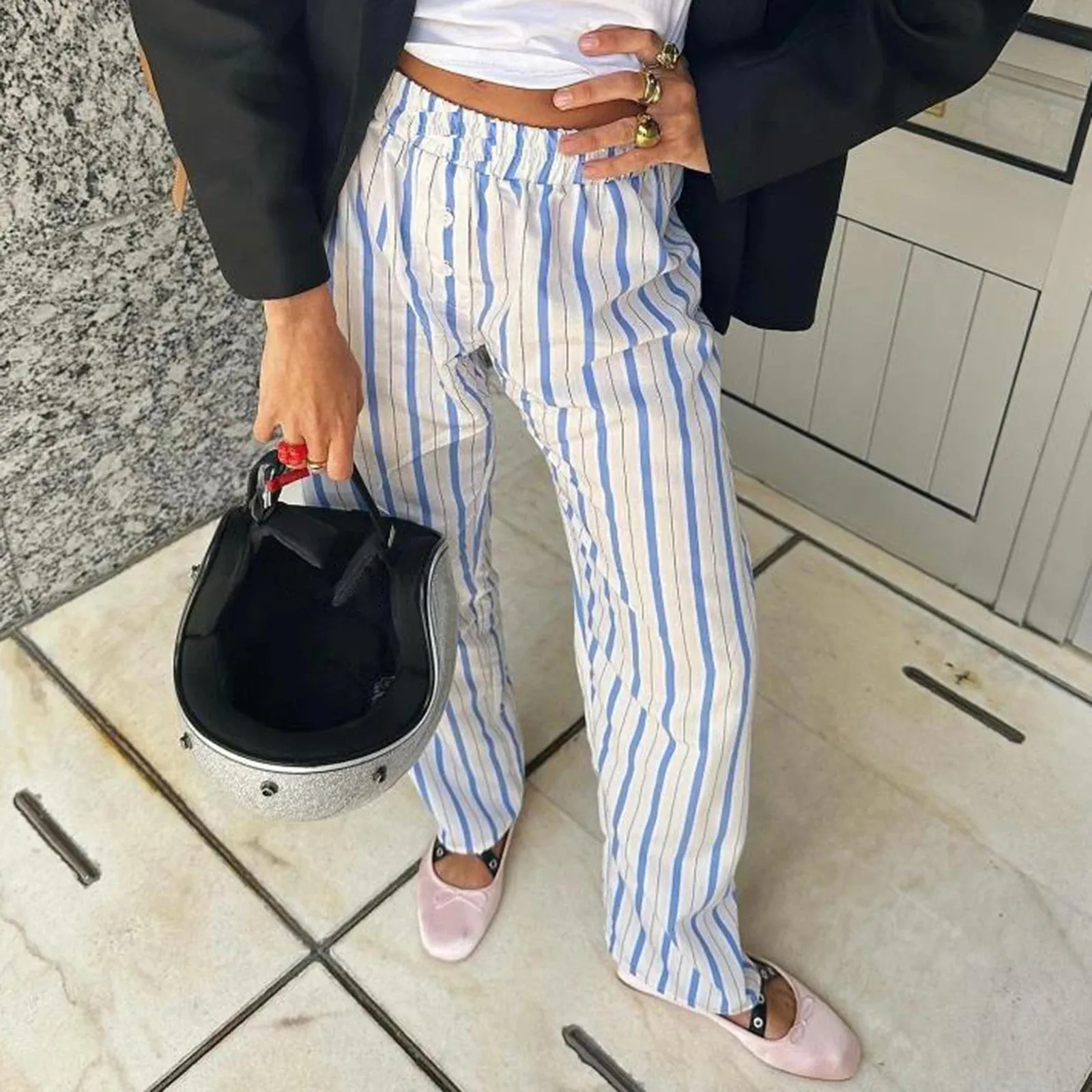 Fashionkova Casual Striped Drawstring Wide Leg Pants Chic Women Fashion Streetwear Vintage Sweatpants Lounge Outfits Female Trousers