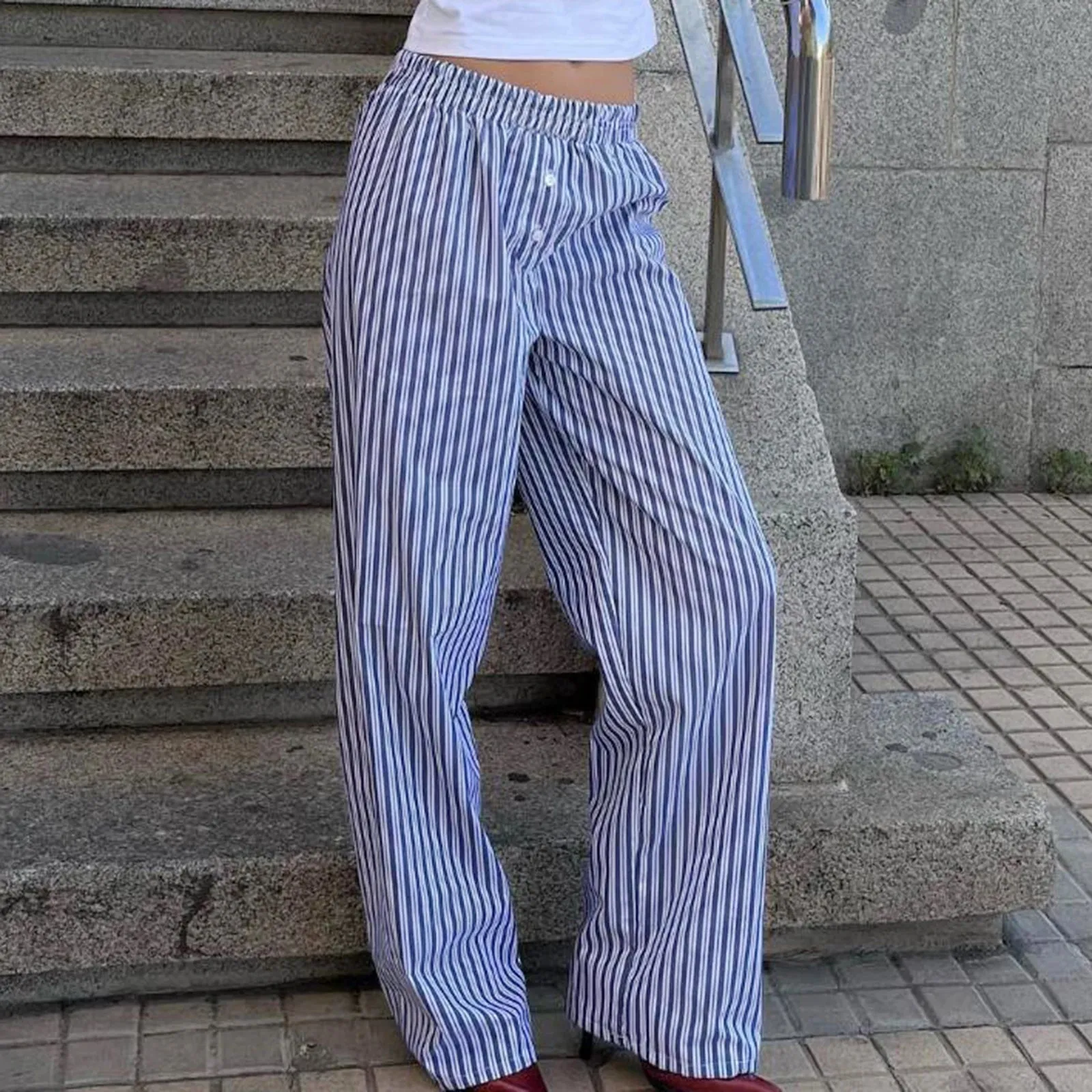 Fashionkova Casual Striped Drawstring Wide Leg Pants Chic Women Fashion Streetwear Vintage Sweatpants Lounge Outfits Female Trousers