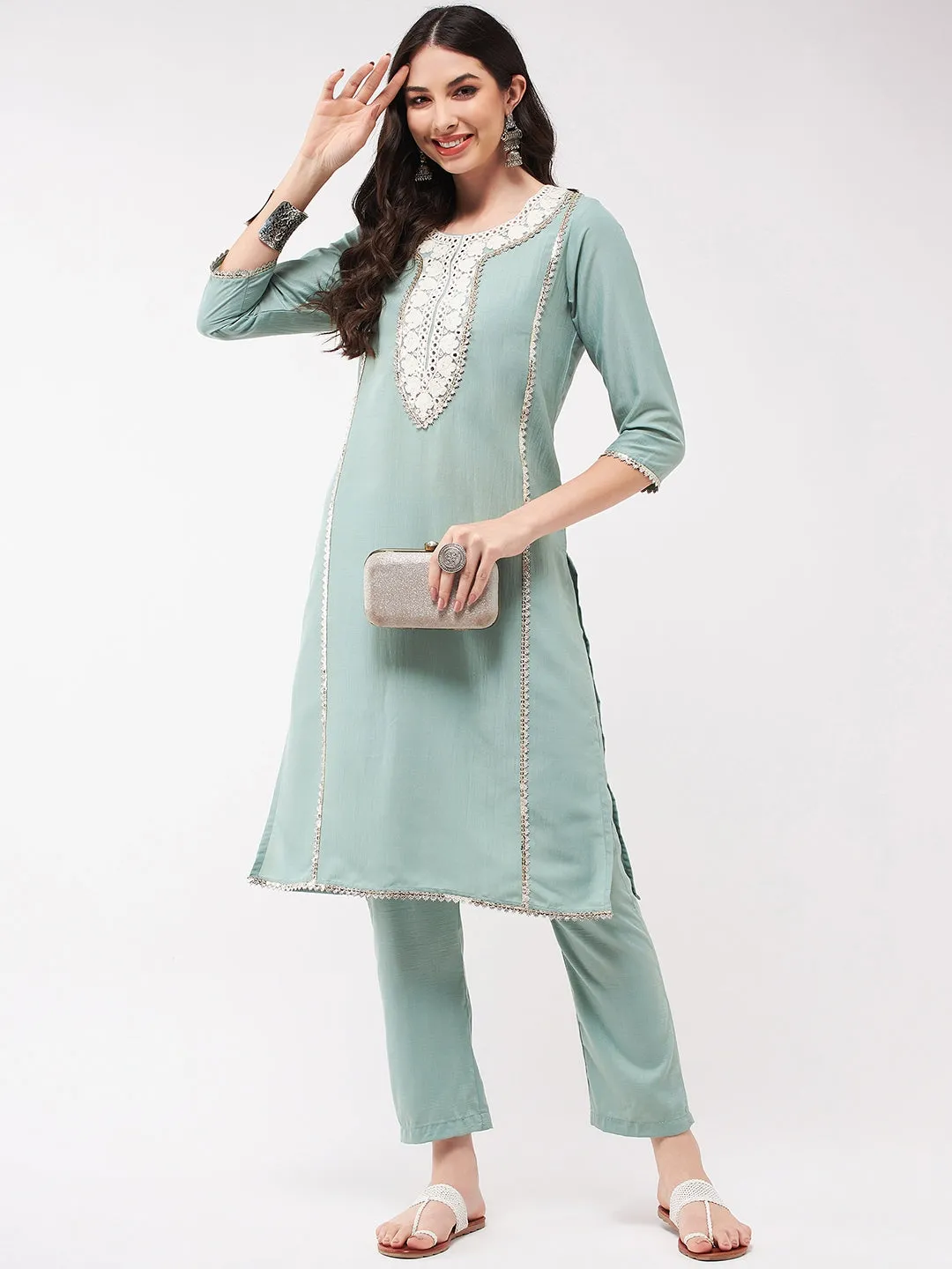 Festive Embroidered Neck-Patch Panelled Kurta With Laces