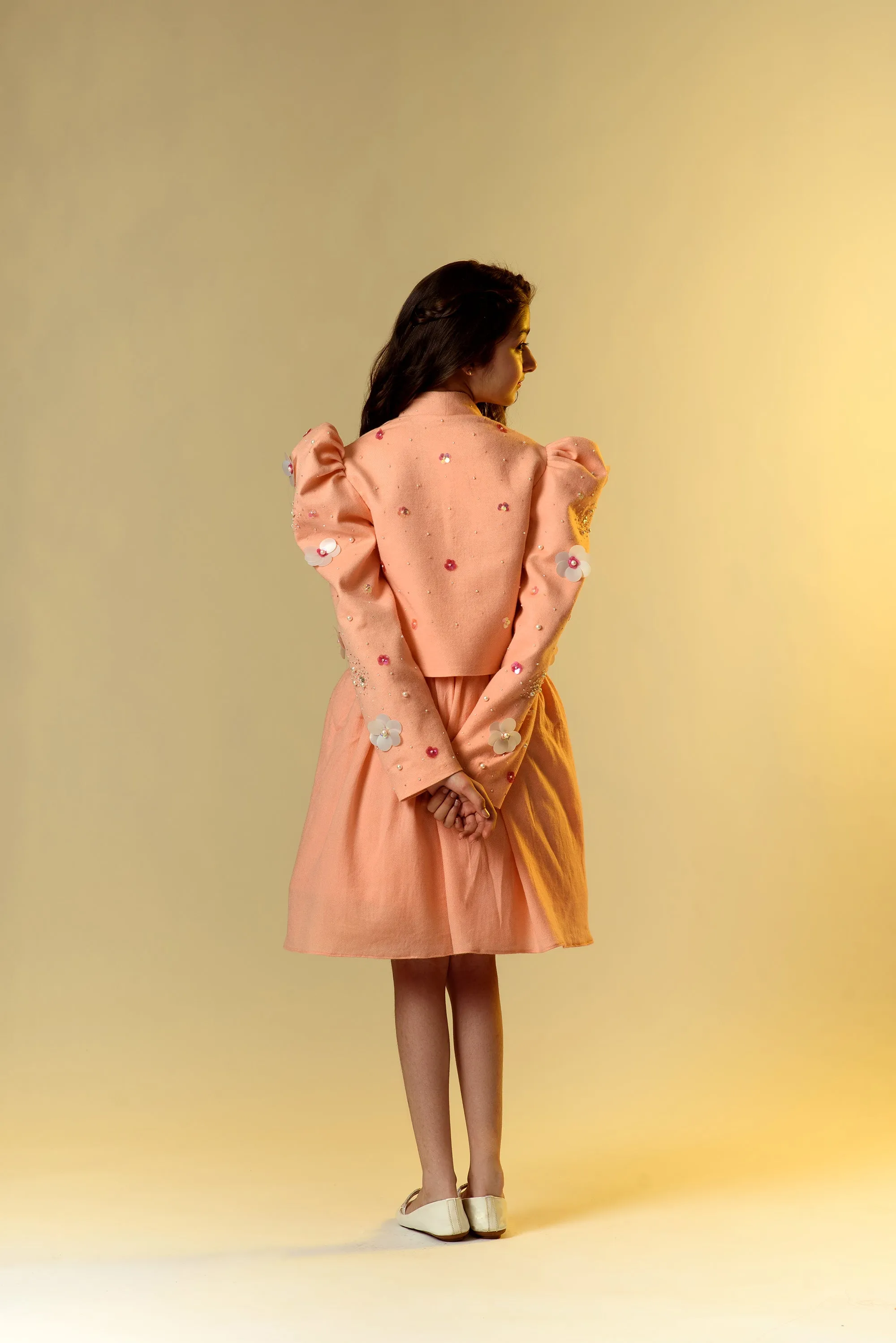 Florid Dreams- Embroidered Organic Wool Twill Jacket & Dress With Belt For Girls