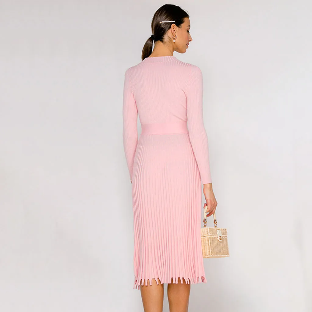 Flytonn- Ribbed Long Sleeve High Neck Knit Pleated Midi Sweater Dress - Pink