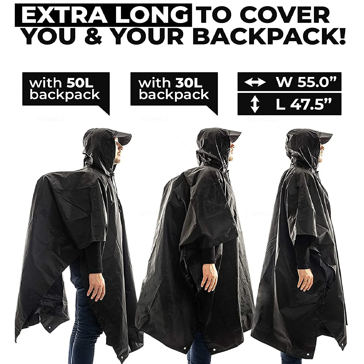 Foxelli Hooded Rain Poncho | Adult Reusable Waterproof Raincoat