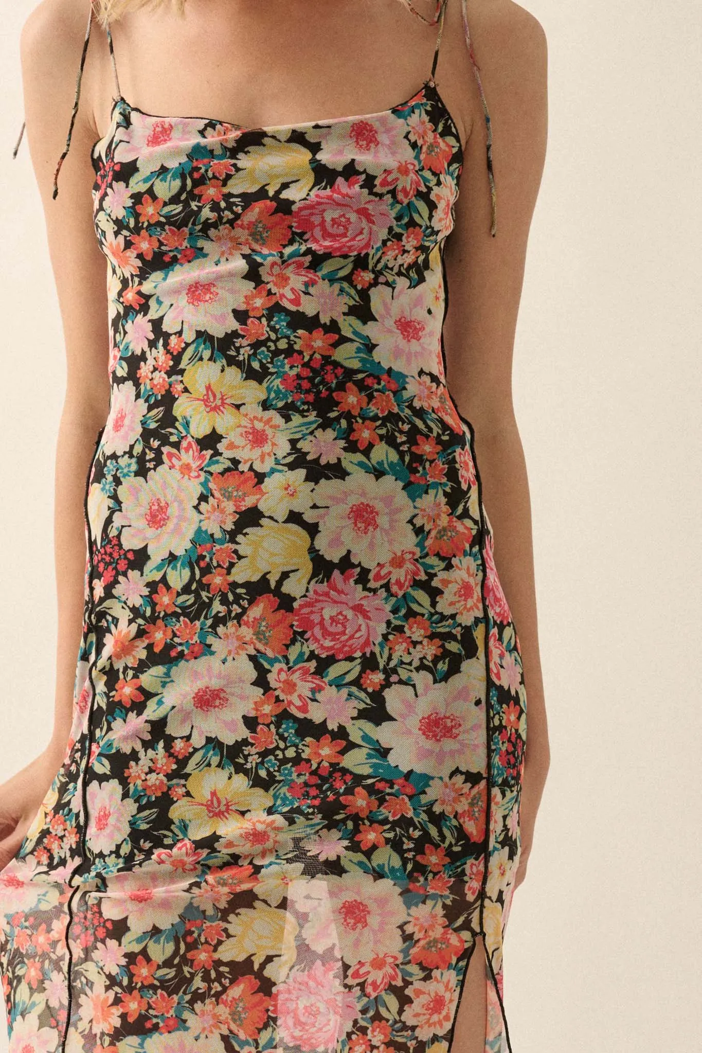 Garden Grown Floral-Print Mesh Midi Slip Dress