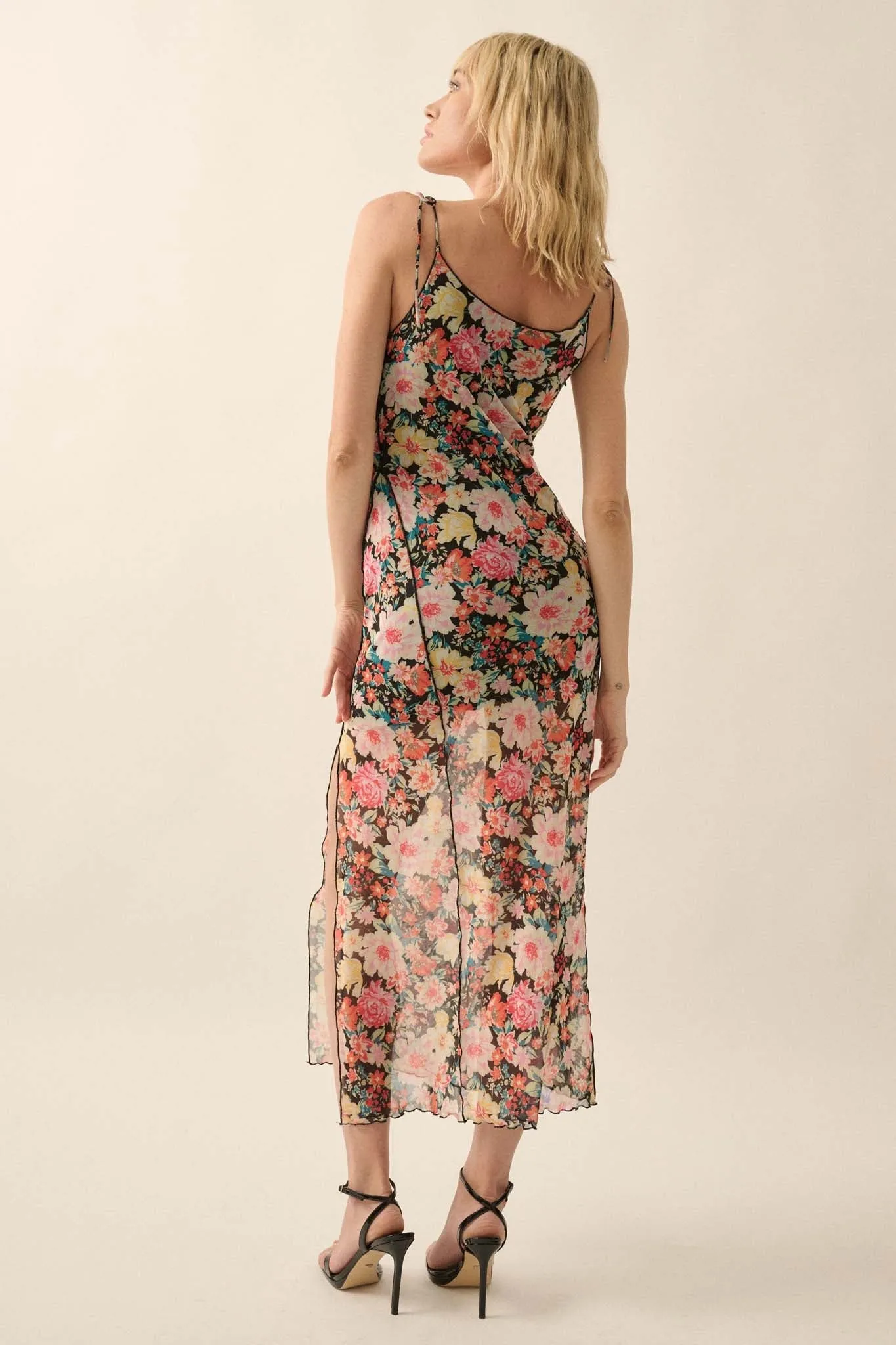 Garden Grown Floral-Print Mesh Midi Slip Dress