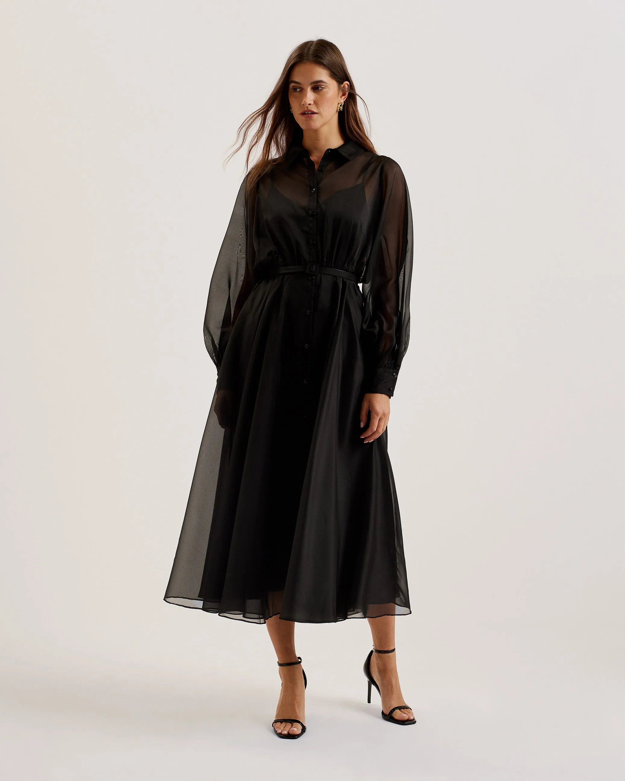 Gibara Sheer Organza Shirt Maxi Dress Black