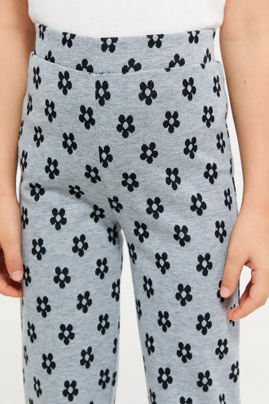 Girls Grey Allover Flower Print Leggings