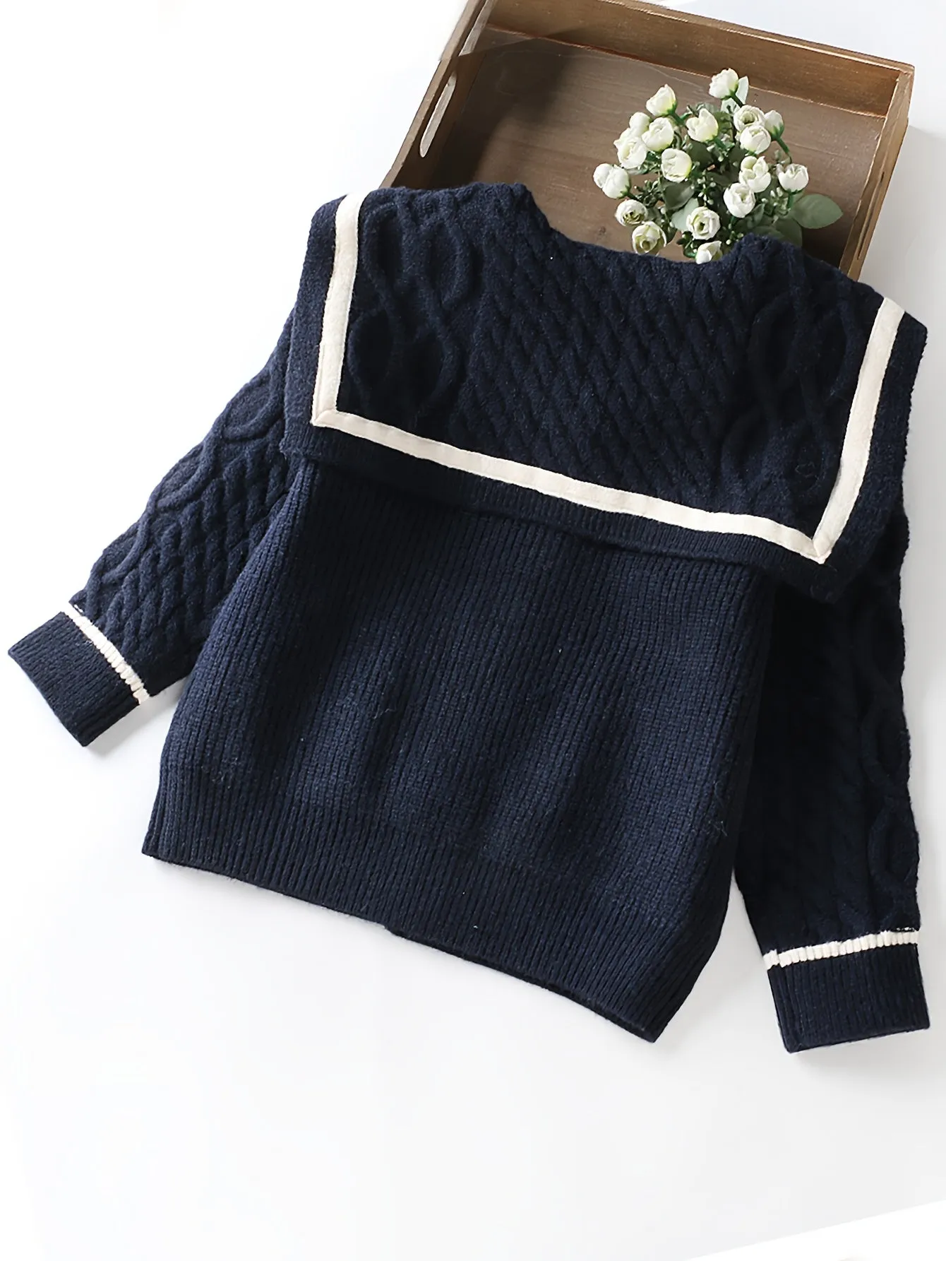 Girls Preppy Sailor Collar Short Length Knit Cardigan - Soft High Stretch Jersey Fabric, Long Sleeve, Lapel Collar, Pockets, Machine Washable, Perfect for Spring and Fall - Solid Color, Loose Fit, Regular Sleeve