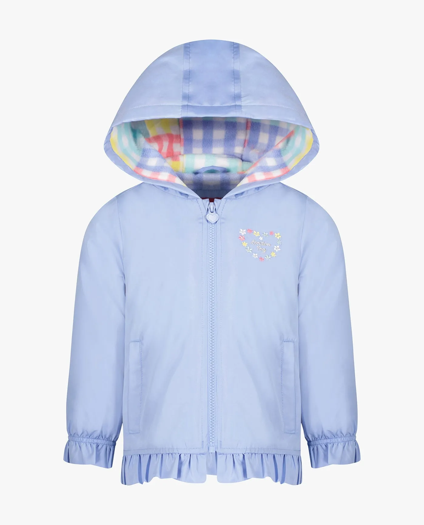 GIRLS SOLID ZIP FRONT HOODED RUFFLE RAINCOAT