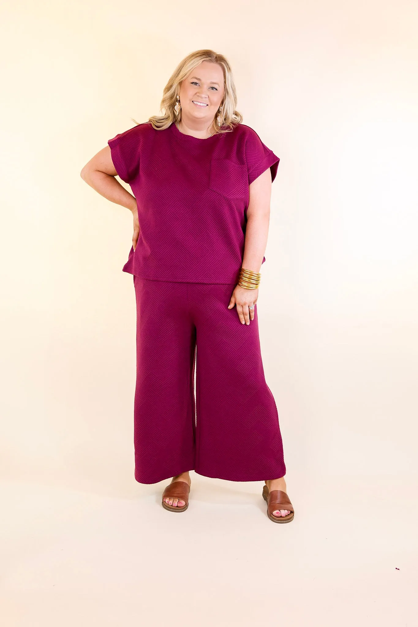 Glamour on the Go Textured Wide Leg Pant in Plum Purple