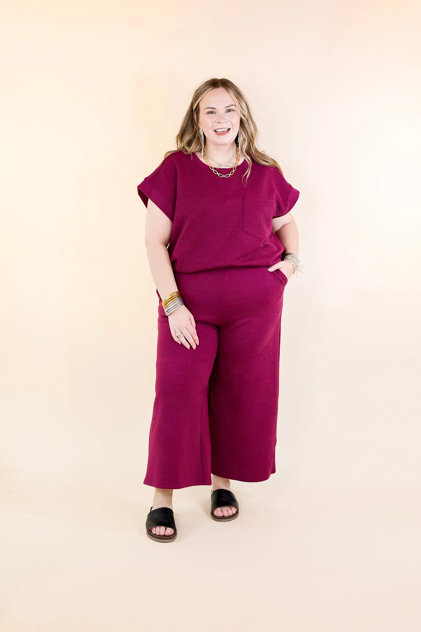 Glamour on the Go Textured Wide Leg Pant in Plum Purple