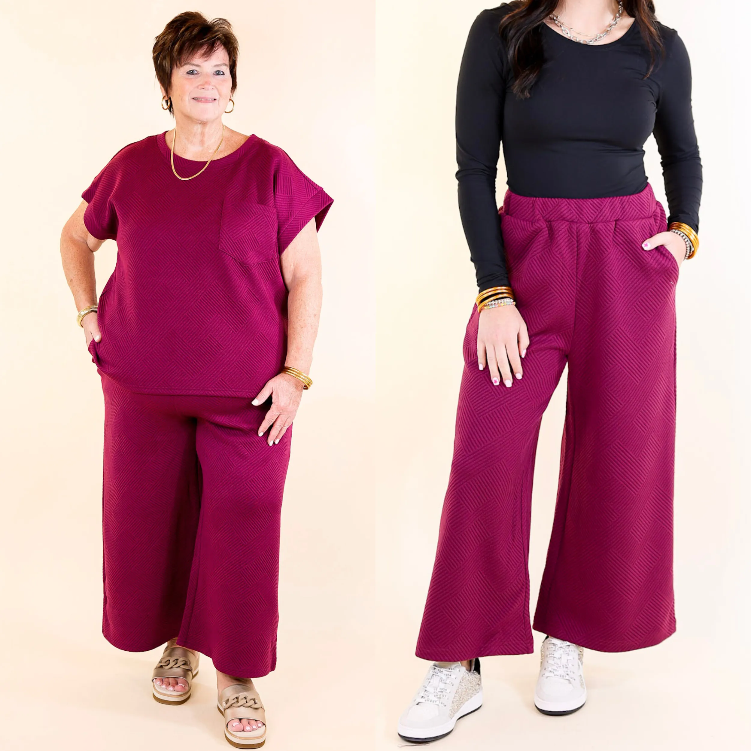 Glamour on the Go Textured Wide Leg Pant in Plum Purple