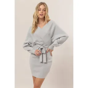 Gray Belted Mini Sweater Dress