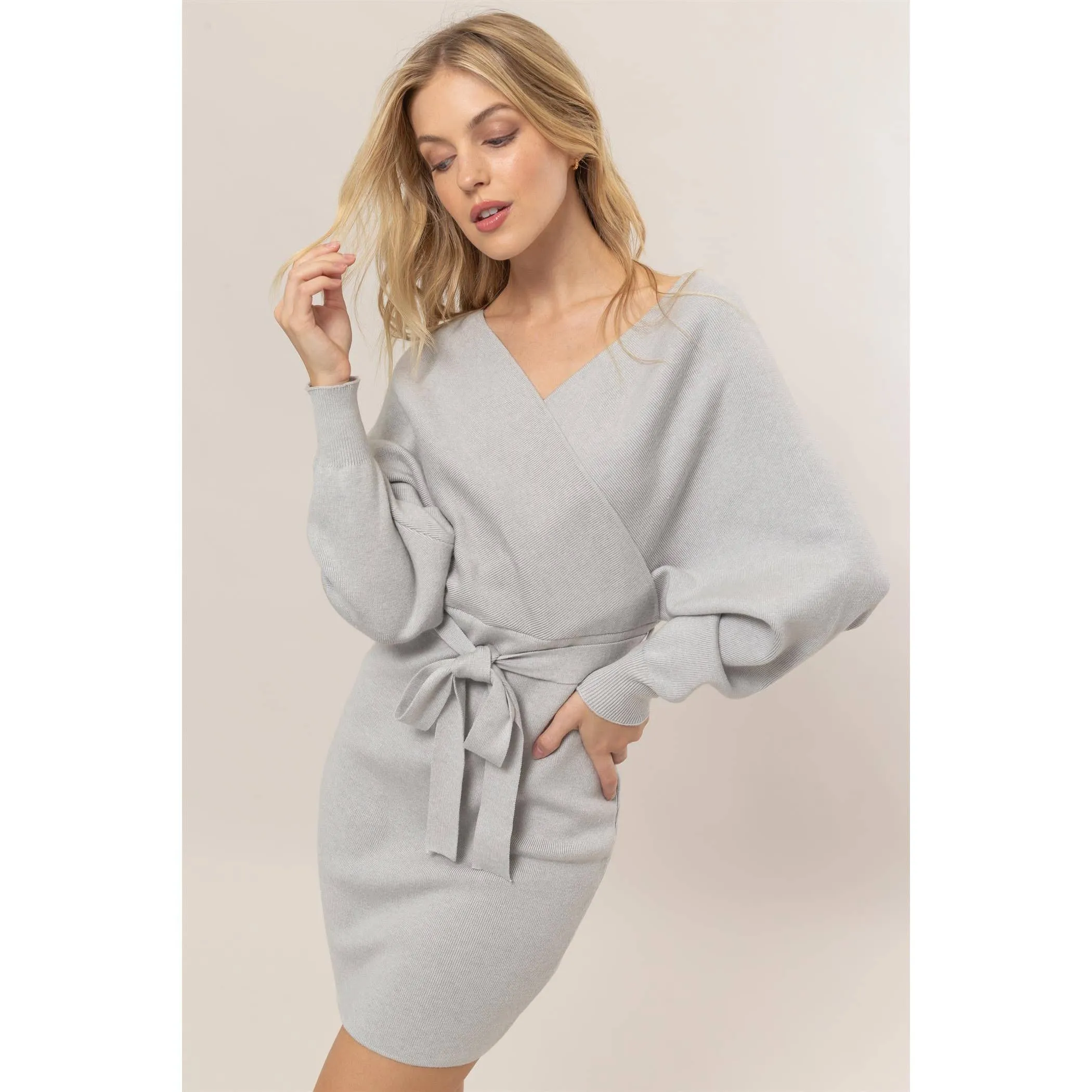 Gray Belted Mini Sweater Dress