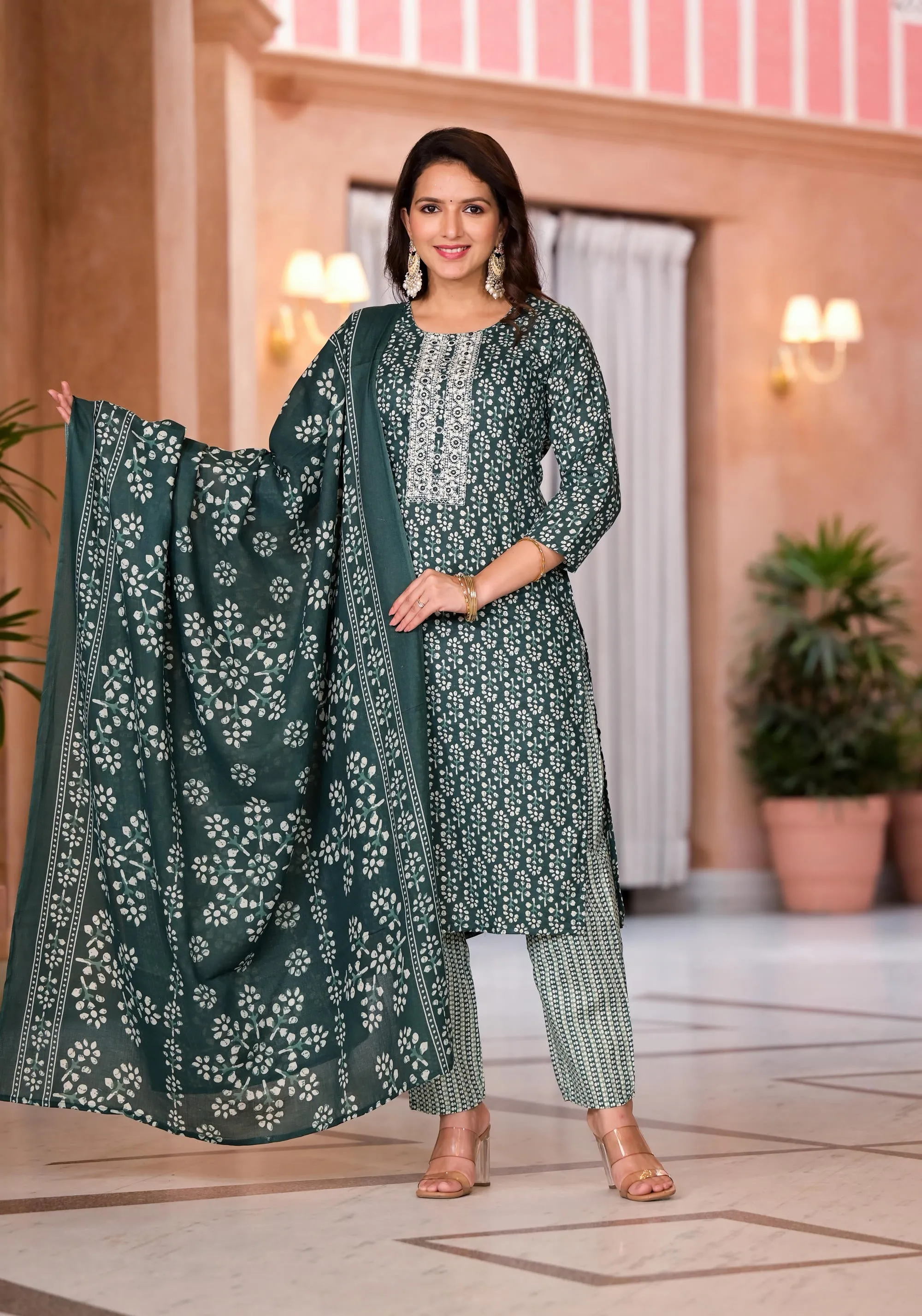 Green Floral Printed Cotton Kurta Set With Thread & Mirror Work