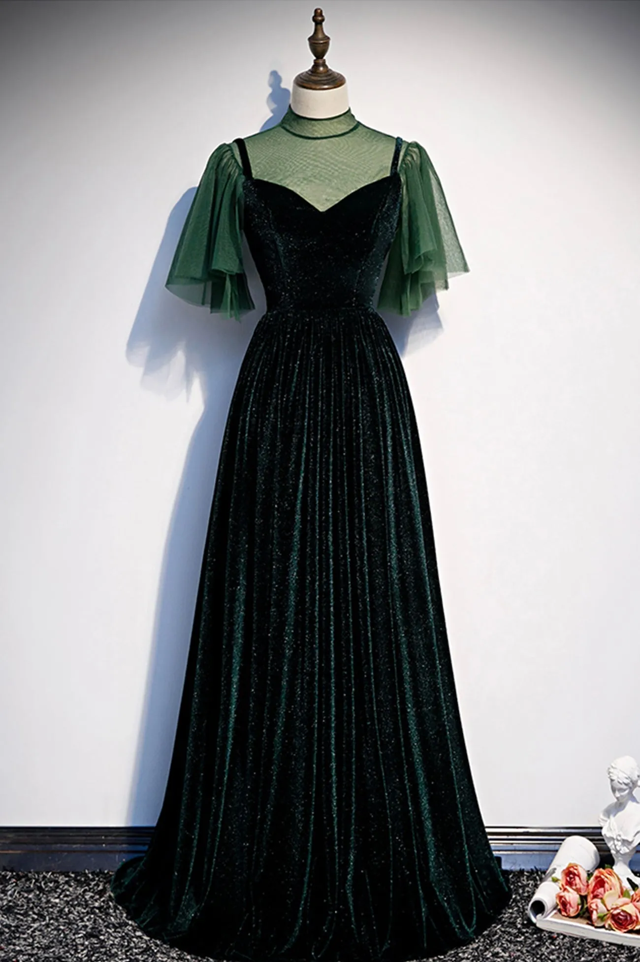 Green Velvet Long A-Line Prom Dress, Green Formal Evening Dress