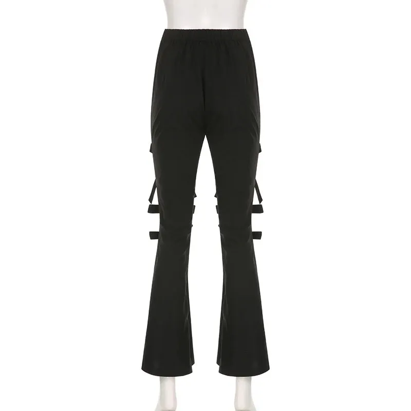 Harajuku Bandage Black Flare Pants Chic Design Lace Up Bow Female Trousers Full Length Gothic Casual Sweatpants