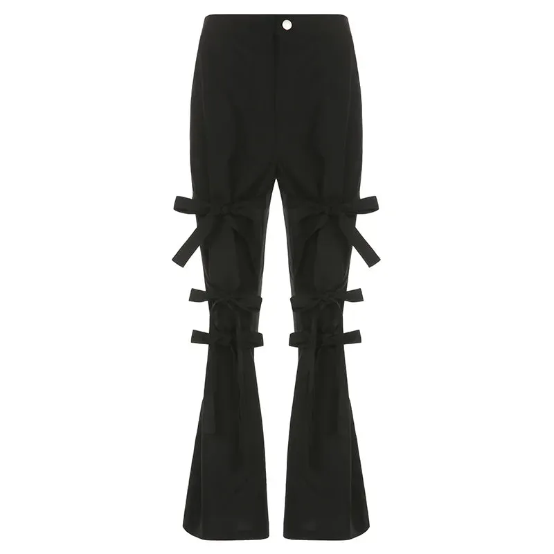 Harajuku Bandage Black Flare Pants Chic Design Lace Up Bow Female Trousers Full Length Gothic Casual Sweatpants