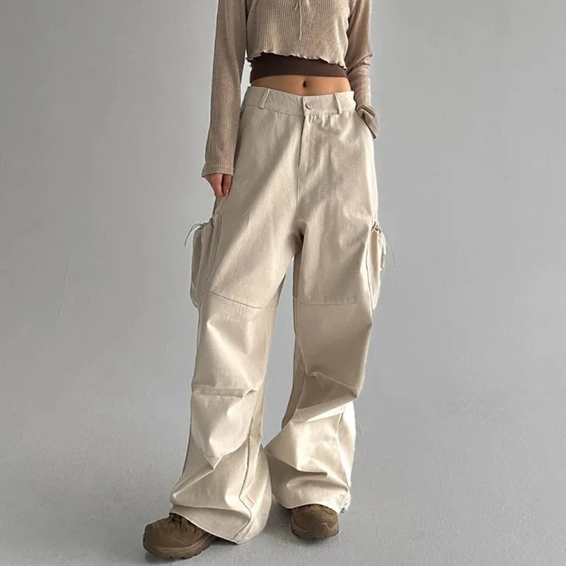 Harajuku Solid Drawstring Low Rise Parachute Pants Korean Fashion Pockets Draped Baggy Trousers Tech Sweatpants Chic