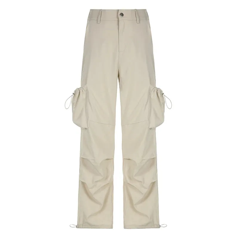 Harajuku Solid Drawstring Low Rise Parachute Pants Korean Fashion Pockets Draped Baggy Trousers Tech Sweatpants Chic