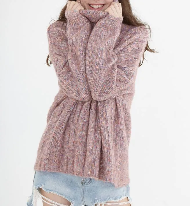 High Collar Long Sleeve  loose Style Women Tops Woolen Knit Sweater