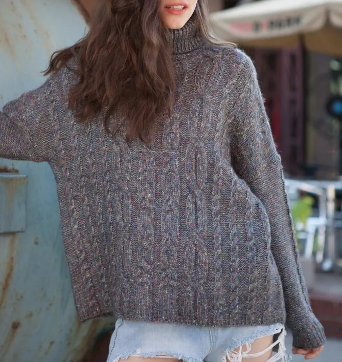 High Collar Long Sleeve  loose Style Women Tops Woolen Knit Sweater