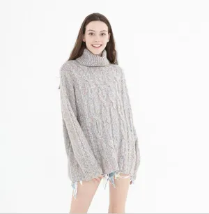 High Collar Long Sleeve  loose Style Women Tops Woolen Knit Sweater