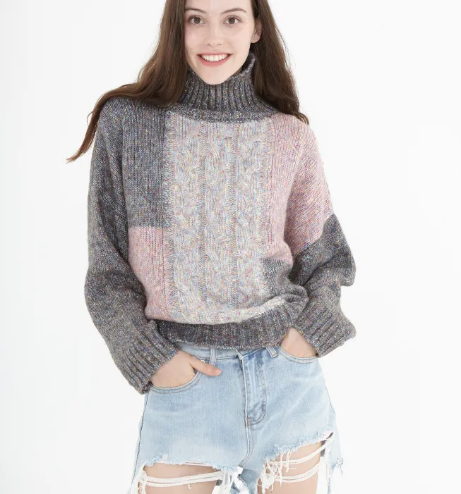 High Collar loose Women Tops Woolen Bat Sleeve Knit Sweater