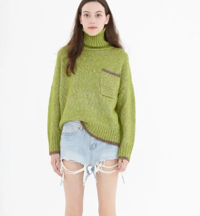 High Collar Short loose Style Women Tops Woolen Knit Sweater