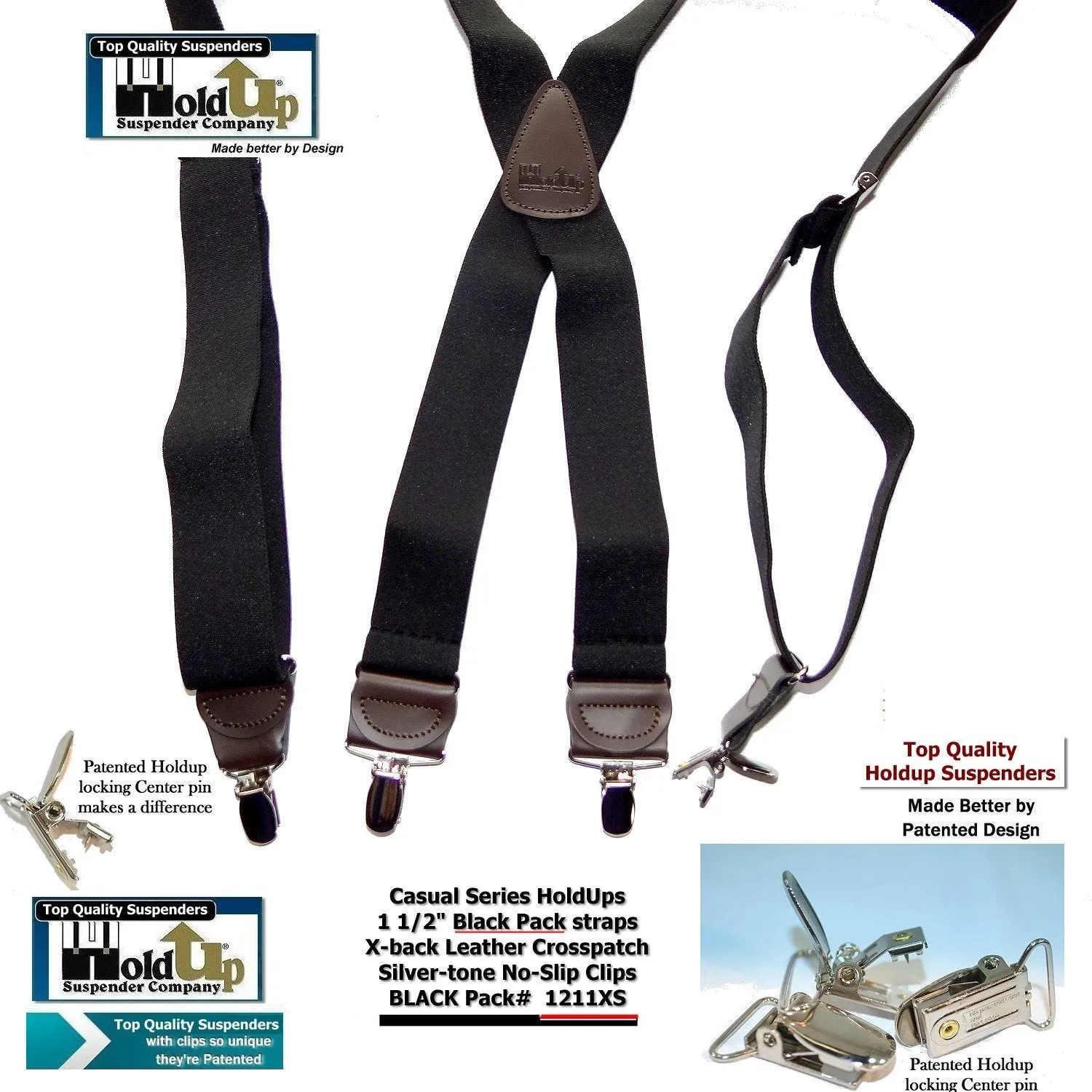 Holdup Black Pack Casual Series Suspenders X-back style with USA Patented No-slip Silver Clips