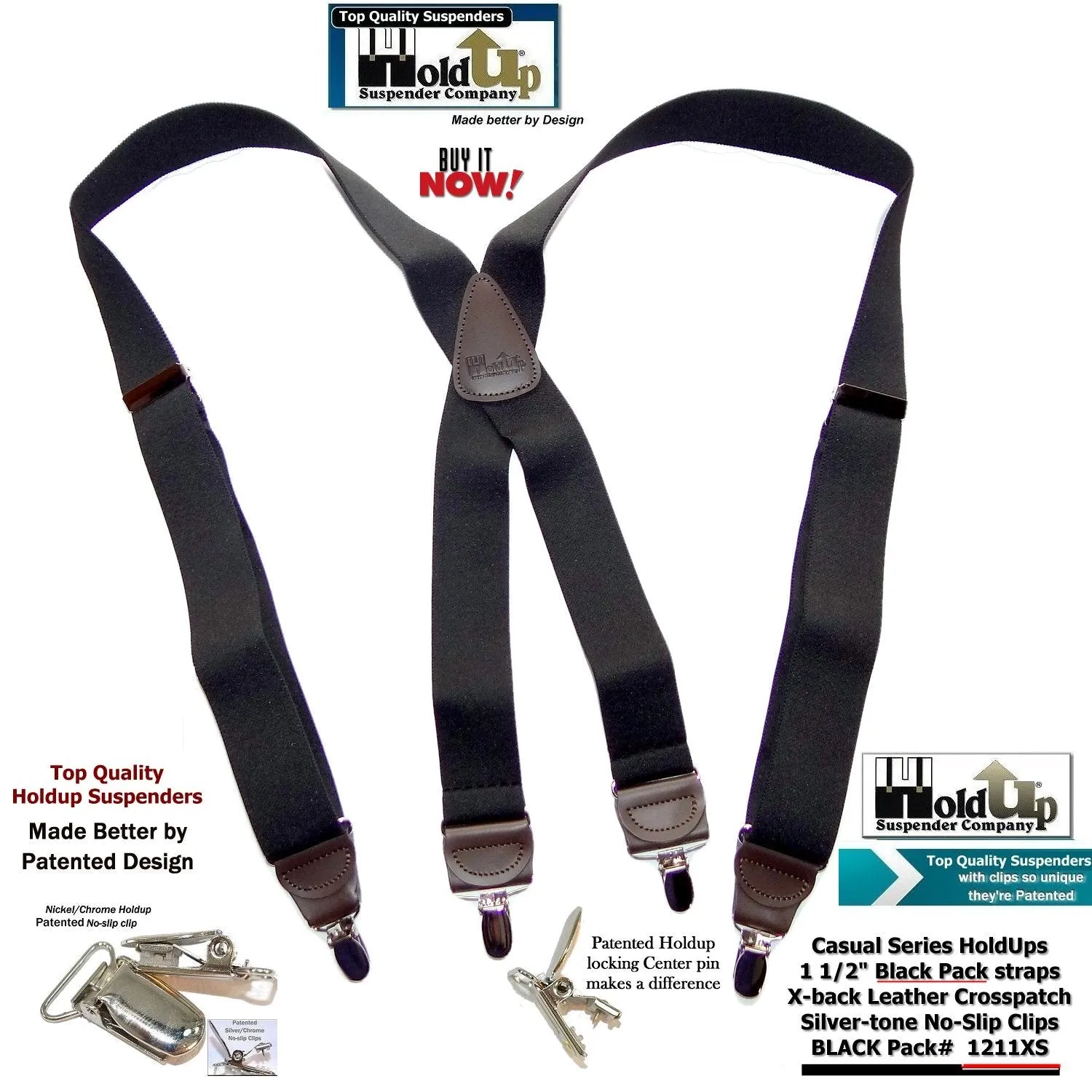 Holdup Black Pack Casual Series Suspenders X-back style with USA Patented No-slip Silver Clips