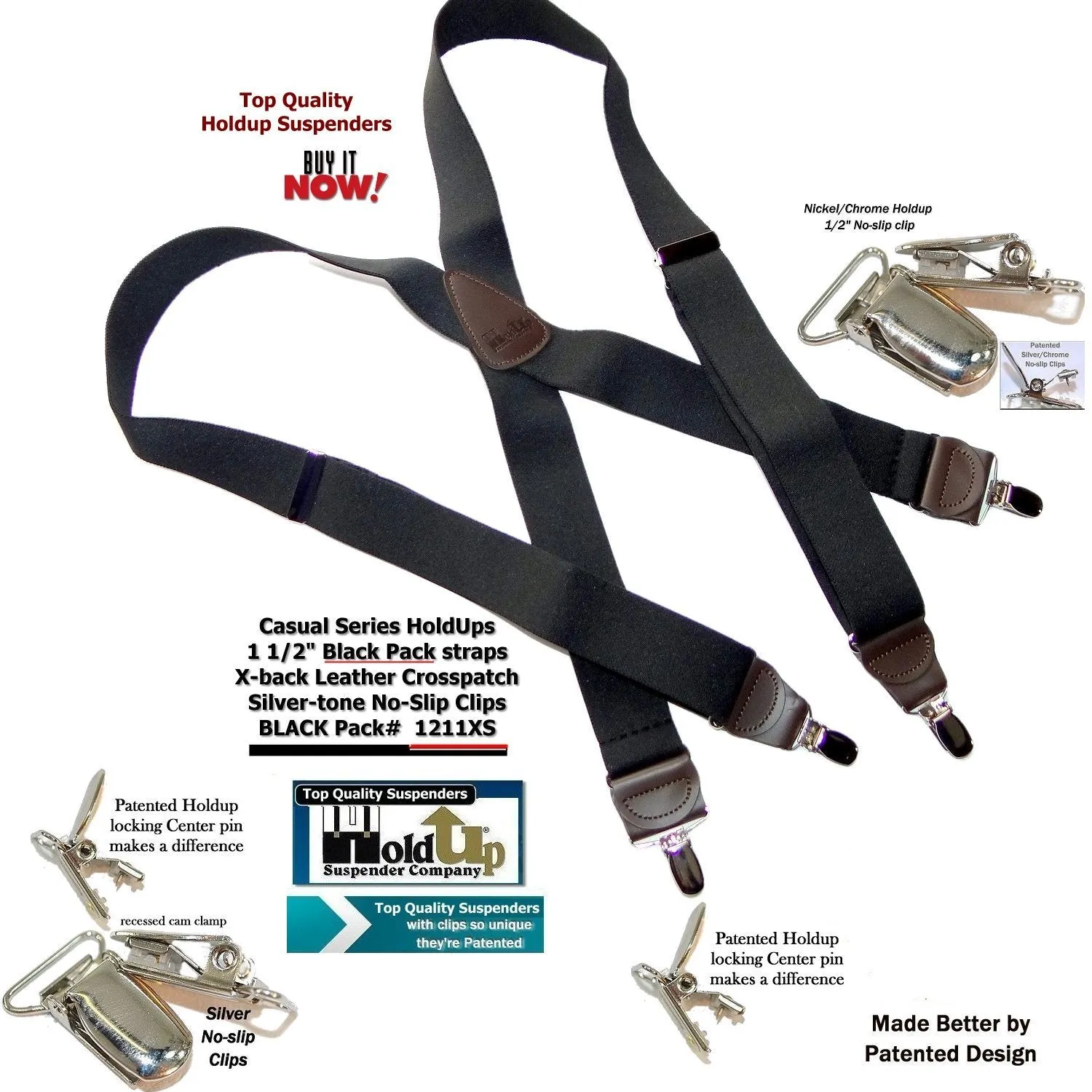 Holdup Black Pack Casual Series Suspenders X-back style with USA Patented No-slip Silver Clips