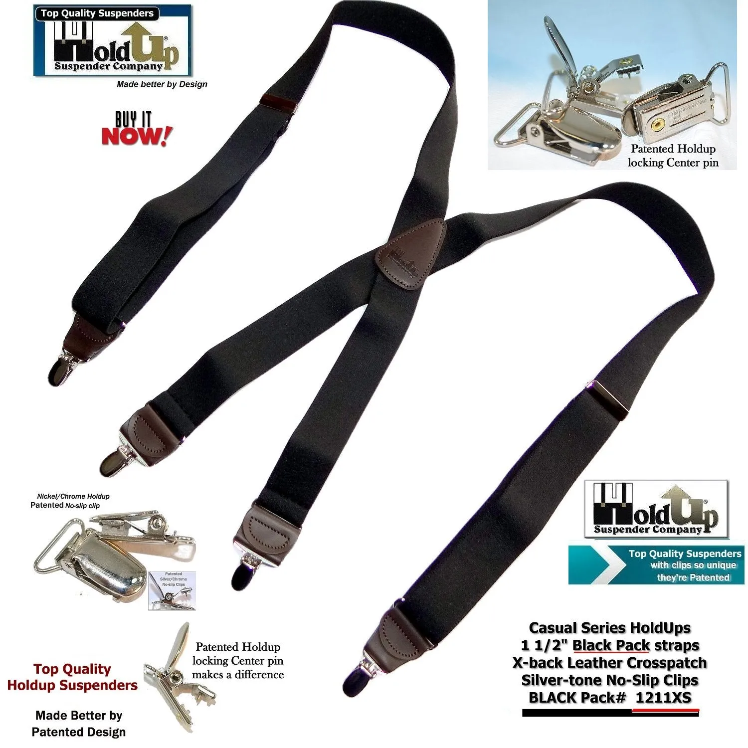 Holdup Black Pack Casual Series Suspenders X-back style with USA Patented No-slip Silver Clips